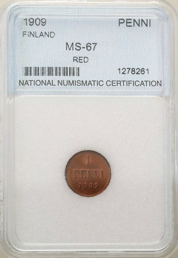 Rosja / Finlandia. Mikołaj II. 1 Penni, 1909 NNC MS 67 RED